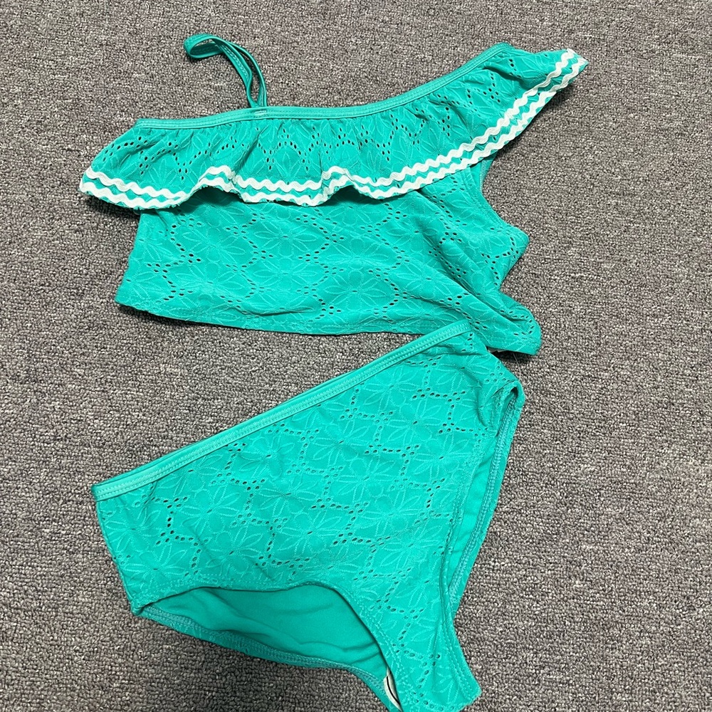 crown & ivy Teal Eyelet Ruffle One-Shoulder Bikini